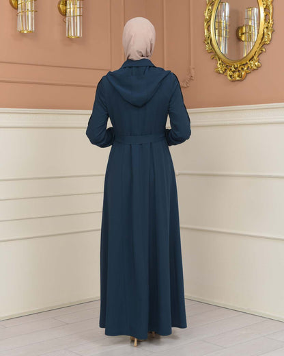 brada-Stoff Manto mit Satinfutter, abnehmbarer Kapuze und Knopfablikation 1230 - Türkis