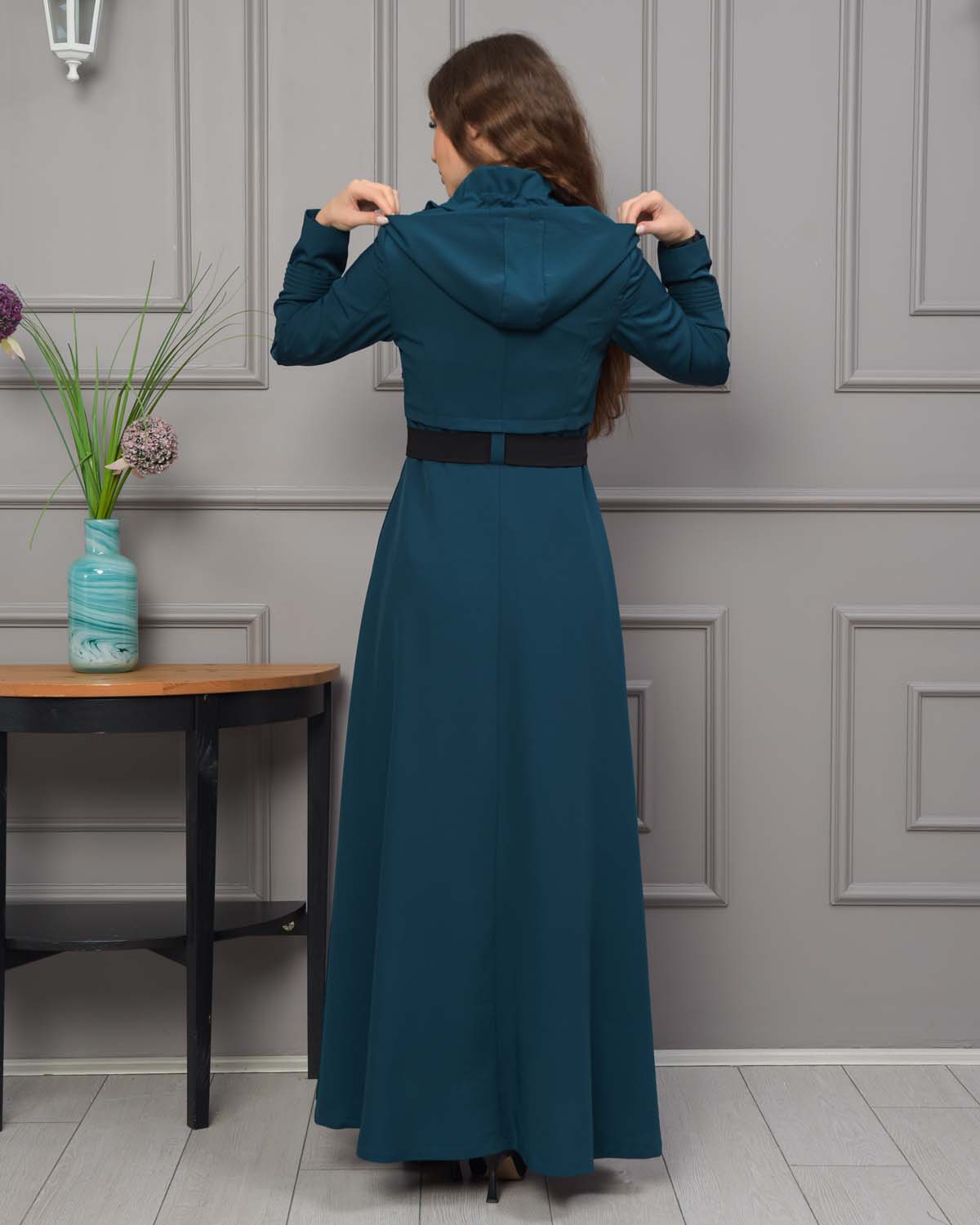 Eleganter brada-Manto mit Satinfutter und abnehmbarer Kapuze 1231 - Türkis