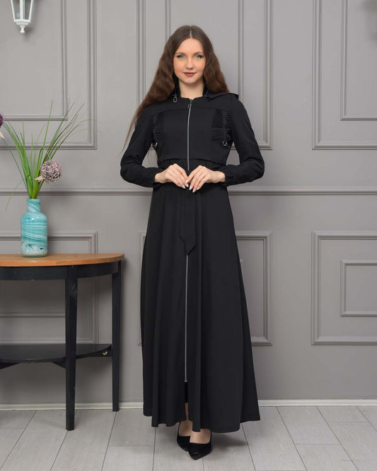 Eleganter brada-Stoff Manto mit Satinfutter und abnehmbarer Kapuze 1232 - Schwarz