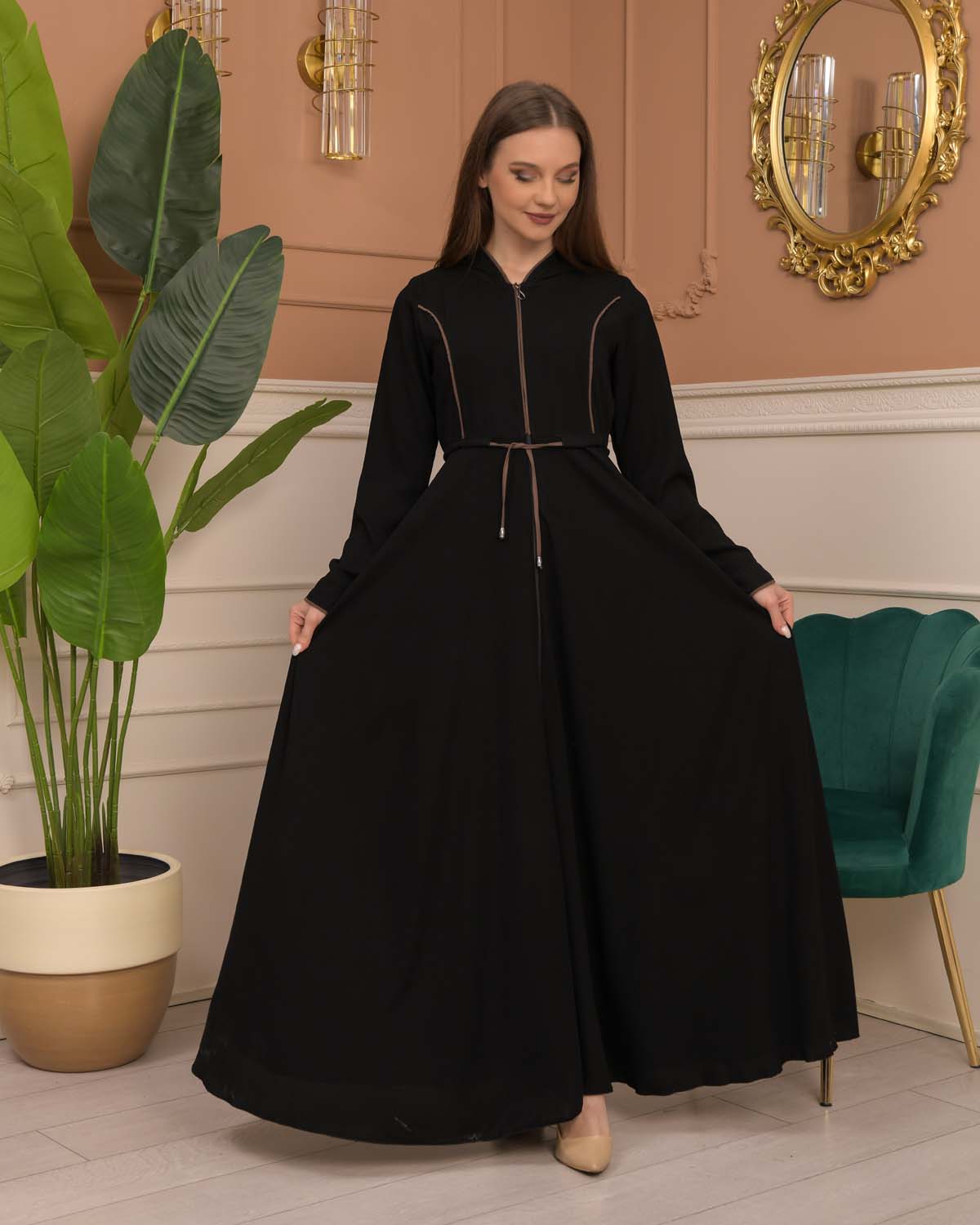 Hooded-Belted Rose Rise Abaya 695 - Braun