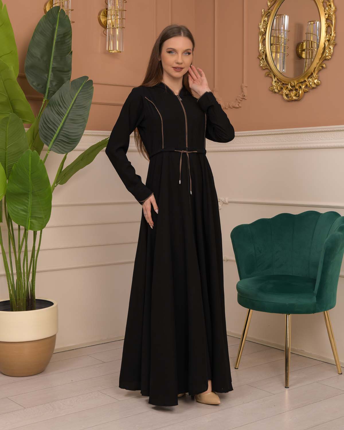 Hooded-Belted Rose Rise Abaya 695 - Braun