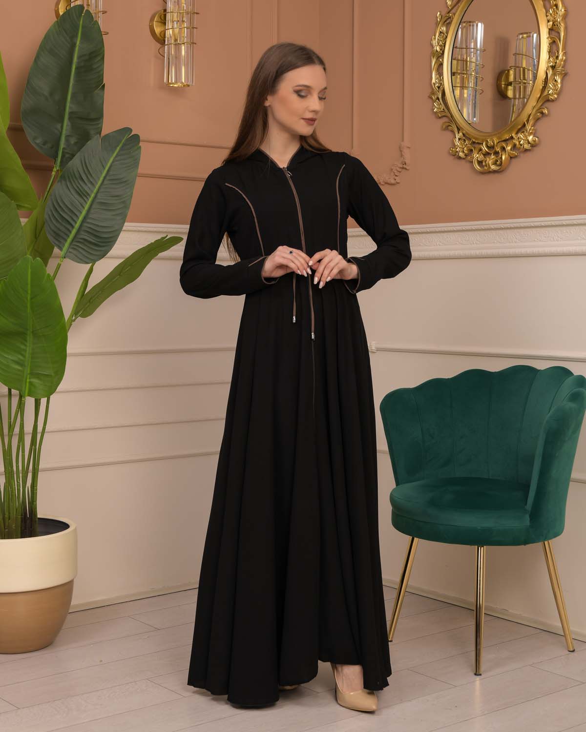 Hooded-Belted Rose Rise Abaya 695 - Braun