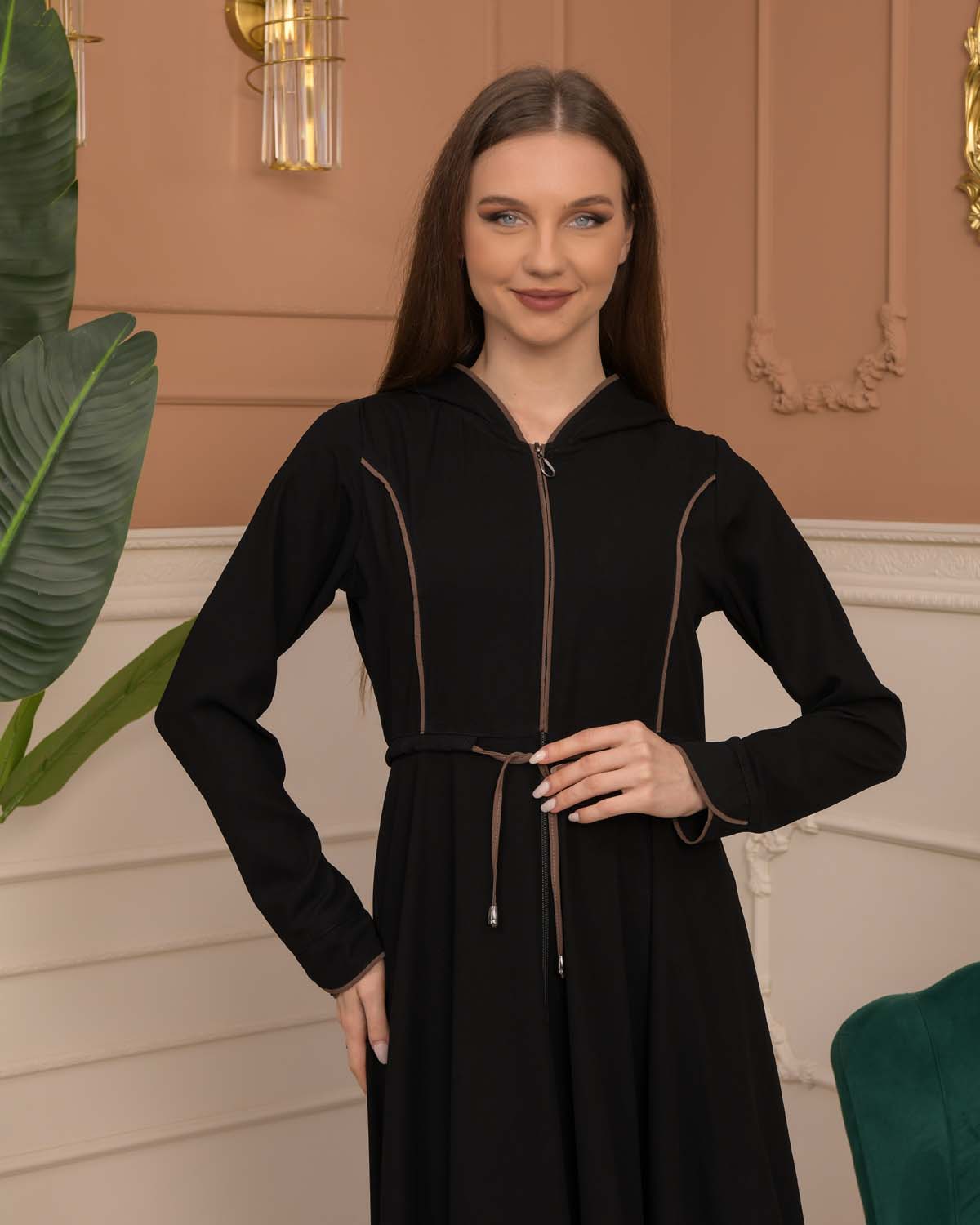Hooded-Belted Rose Rise Abaya 695 - Braun