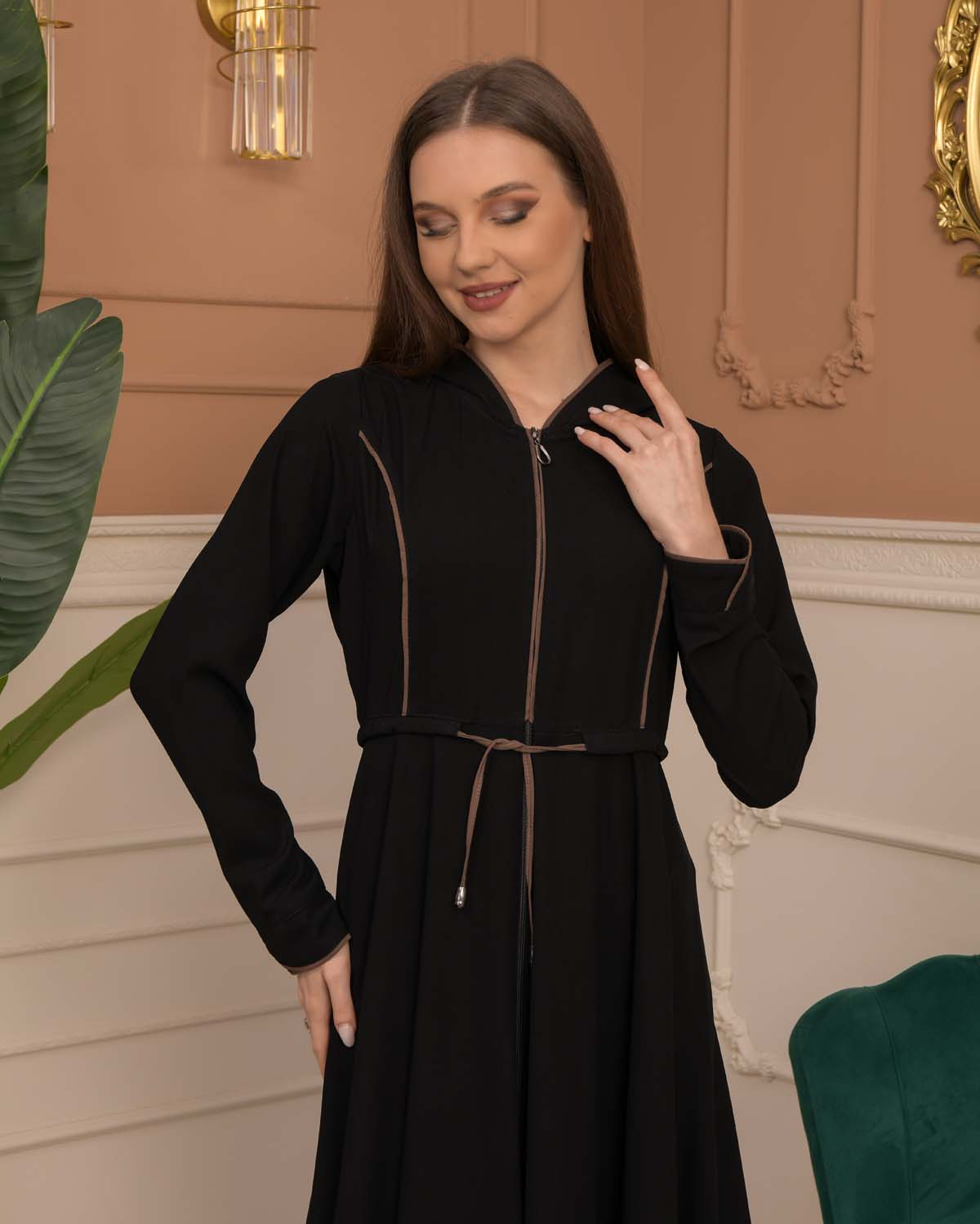 Hooded-Belted Rose Rise Abaya 695 - Braun