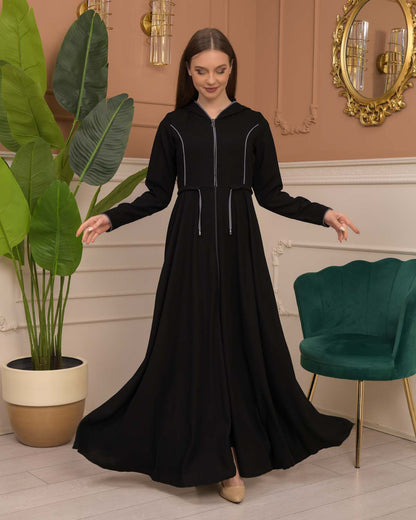 Hooded-Belted Rose Rise Abaya 695 - Anthrazit