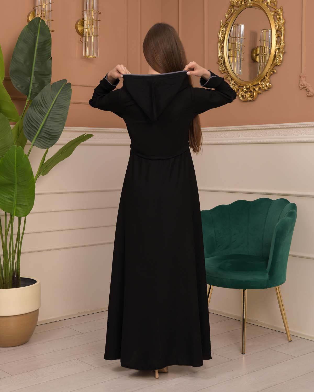 Hooded-Belted Rose Rise Abaya 695 - Anthrazit