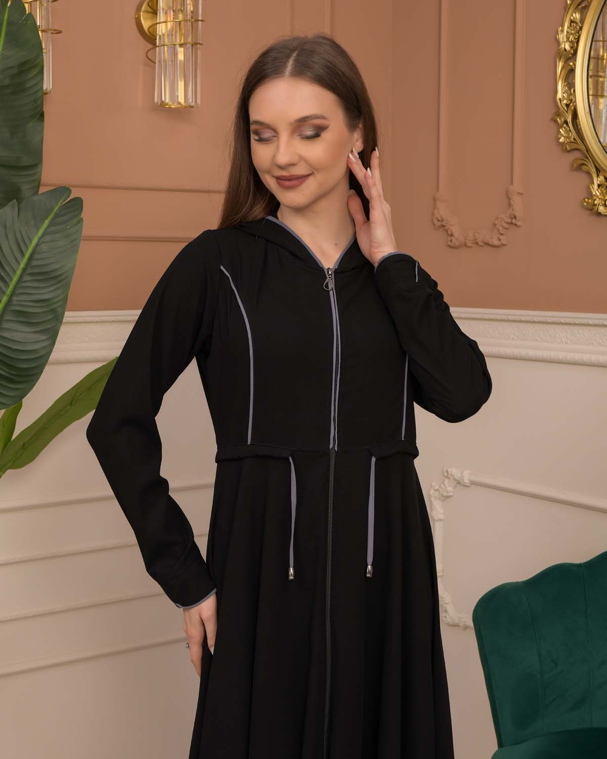 Hooded-Belted Rose Rise Abaya 695 - Anthrazit