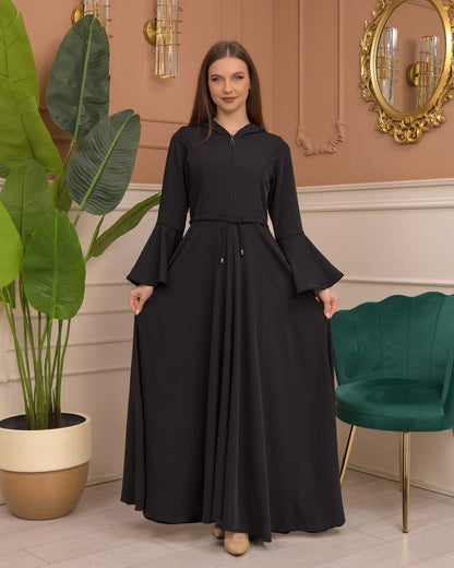 Hooded-Belted Brada Abaya 696 - Schwarz