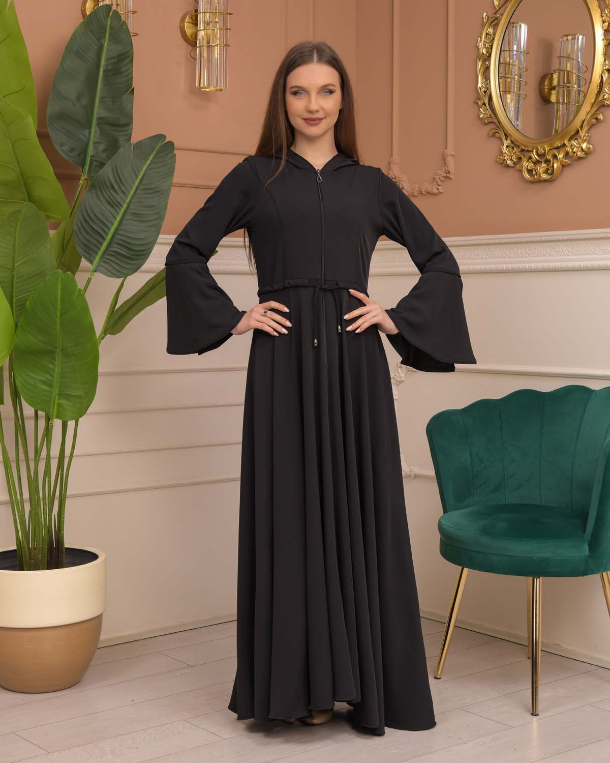 Hooded-Belted Brada Abaya 696 - Schwarz