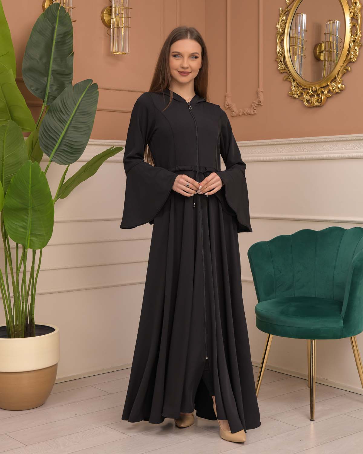 Hooded-Belted Brada Abaya 696 - Schwarz
