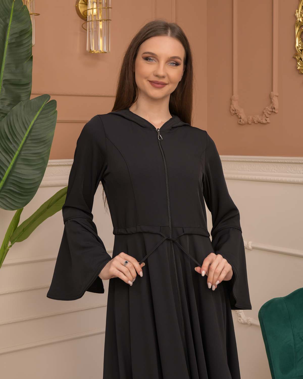 Hooded-Belted Brada Abaya 696 - Schwarz