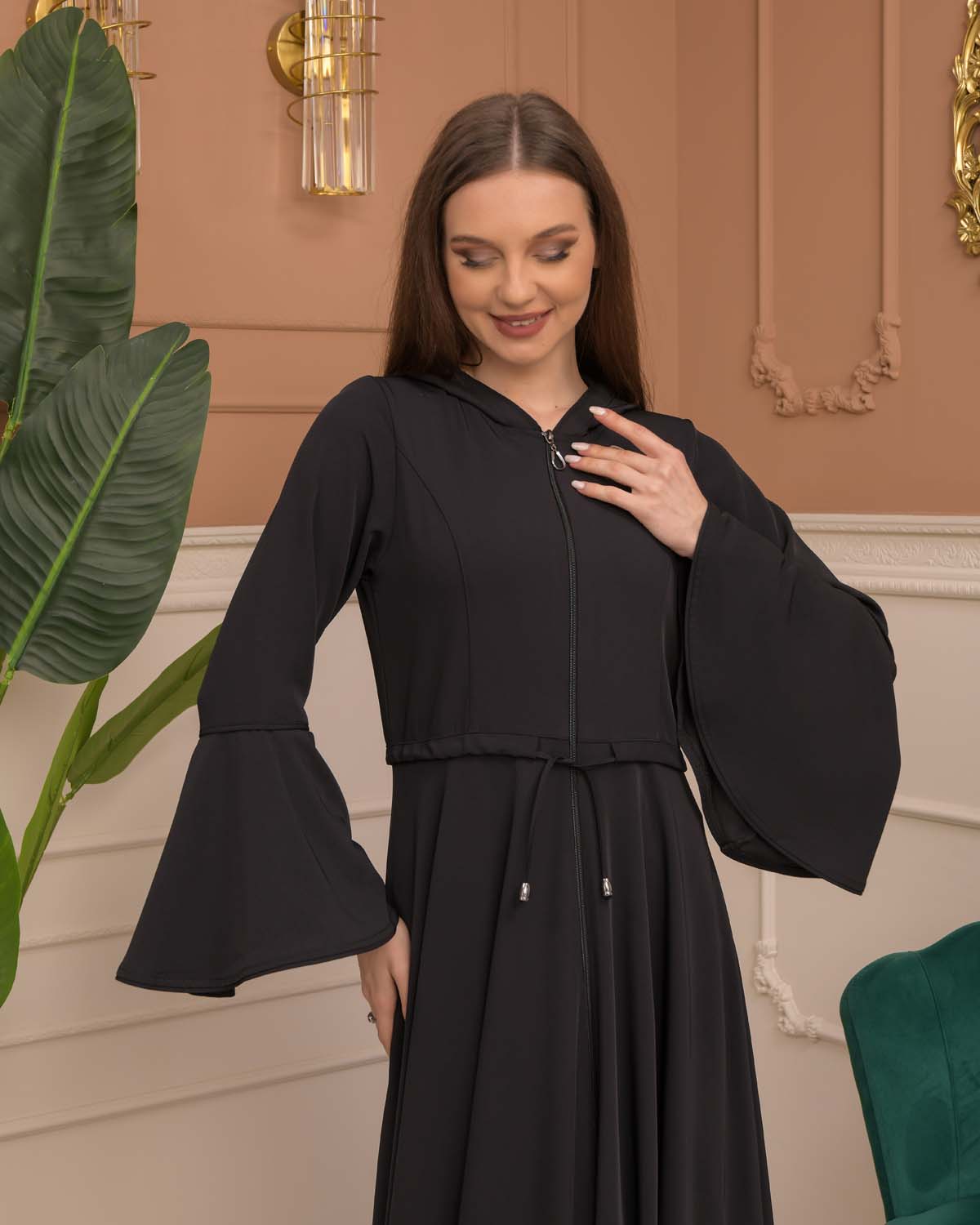 Hooded-Belted Brada Abaya 696 - Schwarz