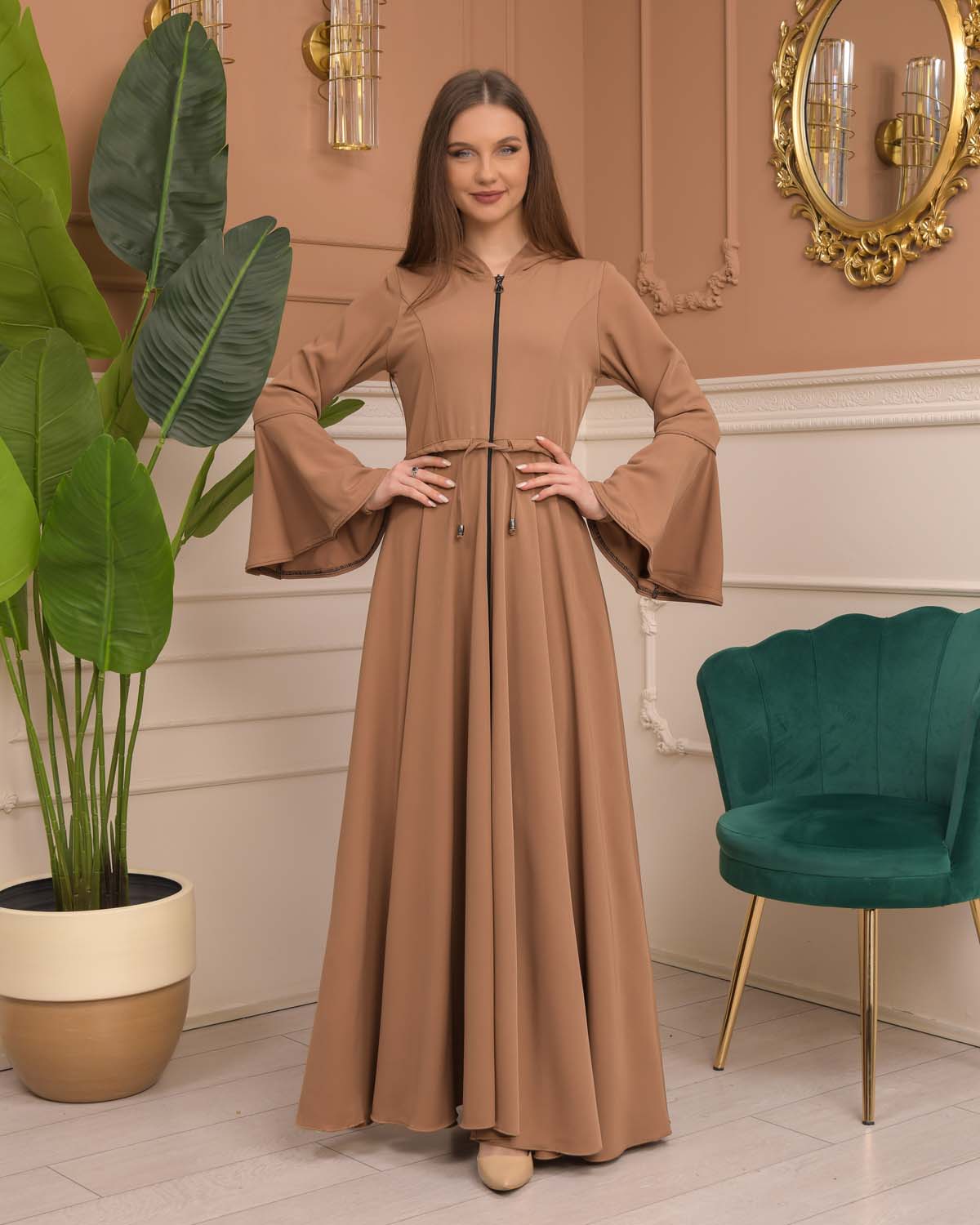 Hooded-Belted Brada Abaya 696 - Cognac