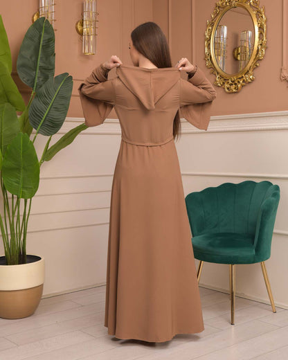 Hooded-Belted Brada Abaya 696 - Cognac
