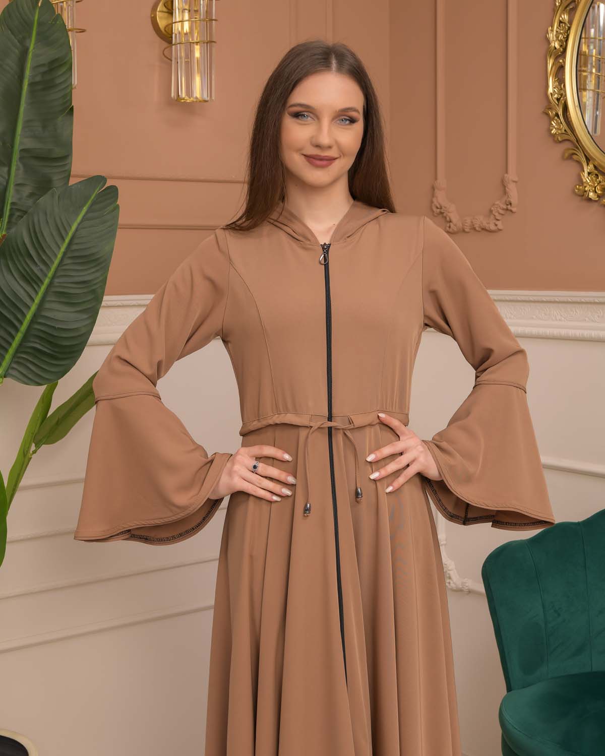 Hooded-Belted Brada Abaya 696 - Cognac