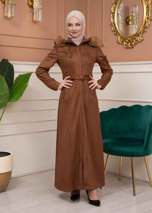 Damen Wildleder-Mantel mit abnehmbarer Pelzkapuze 1361 - Braun