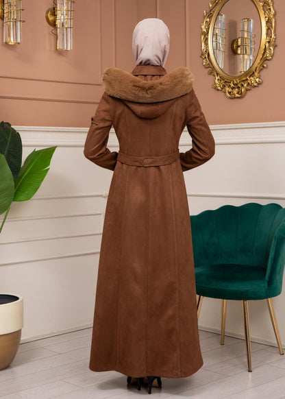 Damen Wildleder-Mantel mit abnehmbarer Pelzkapuze 1361 - Braun