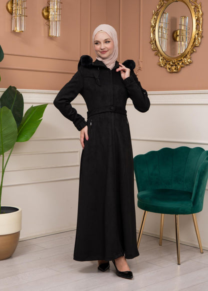 Damen Wildleder-Mantel mit abnehmbarer Pelzkapuze 1361 - Schwarz