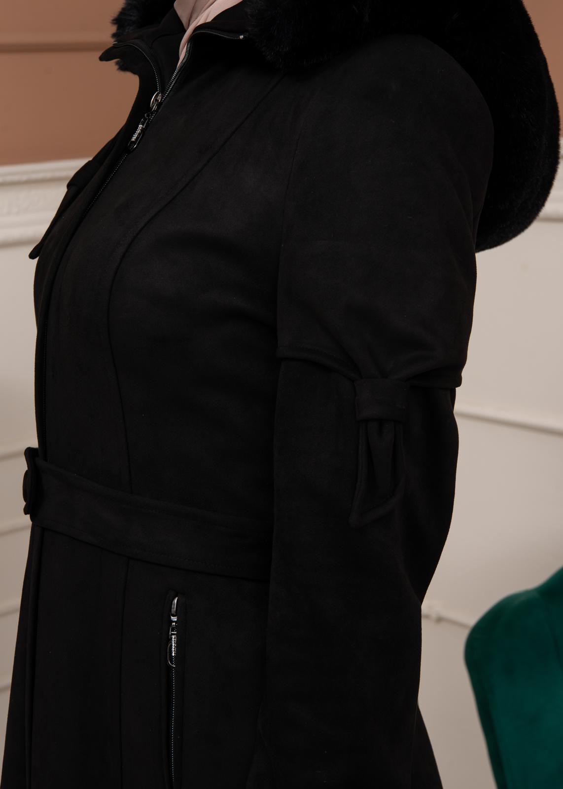 Damen Wildleder-Mantel mit abnehmbarer Pelzkapuze 1361 - Schwarz