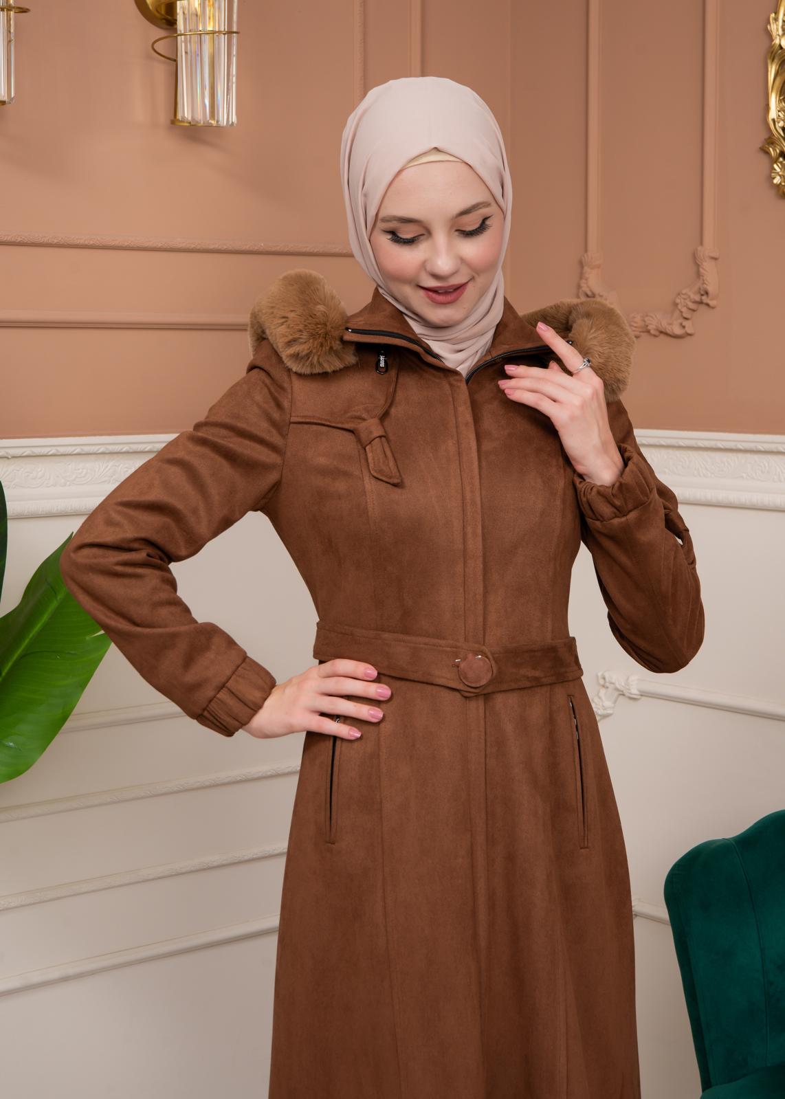 Damen Wildleder-Mantel mit abnehmbarer Pelzkapuze 1361 - Braun