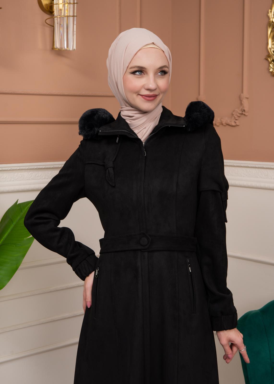 Damen Wildleder-Mantel mit abnehmbarer Pelzkapuze 1361 - Schwarz