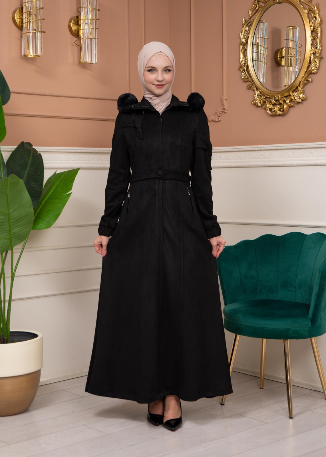 Damen Wildleder-Mantel mit abnehmbarer Pelzkapuze 1361 - Schwarz