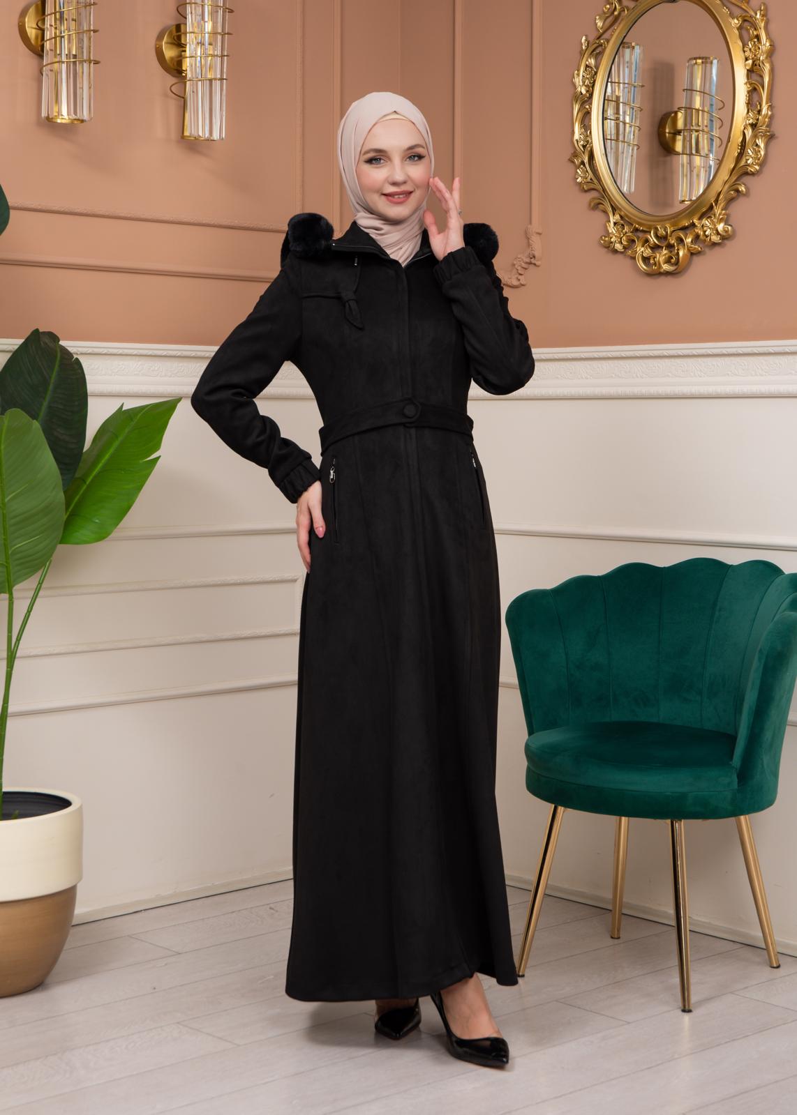 Damen Wildleder-Mantel mit abnehmbarer Pelzkapuze 1361 - Schwarz