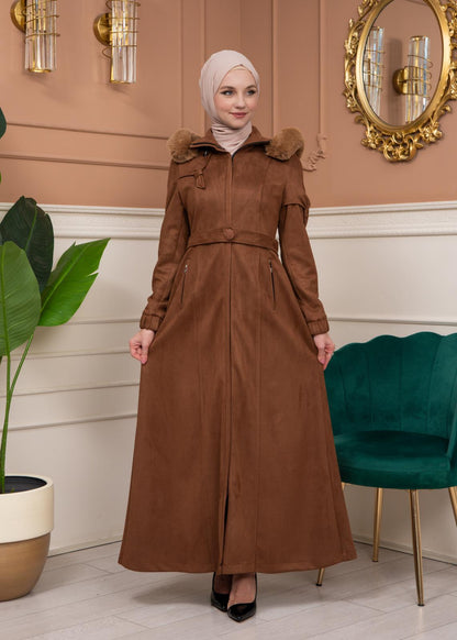 Damen Wildleder-Mantel mit abnehmbarer Pelzkapuze 1361 - Braun