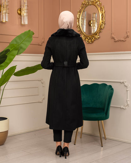 Mohair-Filz Mantel mit Lederärmeln und Fellkapuze 1364 - Schwarz