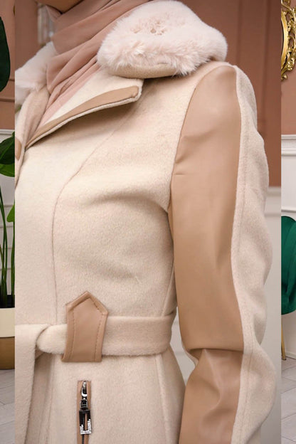 Mohair-Filz Mantel mit Lederärmeln und Fellkapuze 1364 - Beige