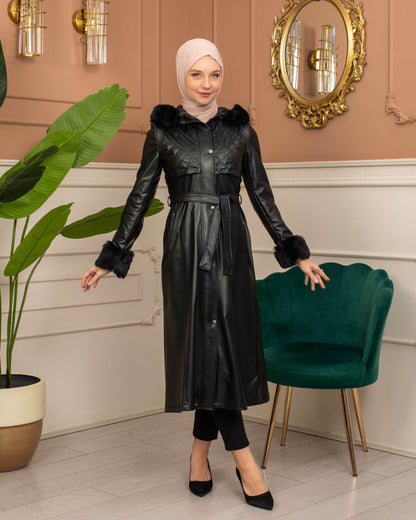 Eleganter Leder-Trenchcoat mit Fellfutter und abnehmbarer Kapuze 1365 - Schwarz