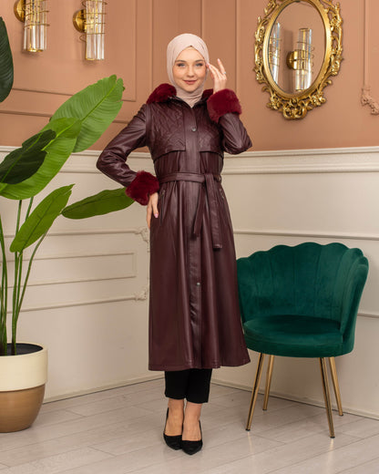 Eleganter Leder-Trenchcoat mit Fellfutter und abnehmbarer Kapuze 1365 - Bordeaux