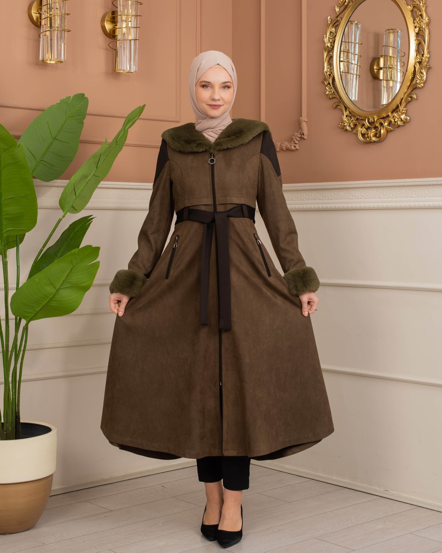 Luxus Wildleder-Trenchcoat mit Kaninchenfell gefüttert 1366 - Khaki