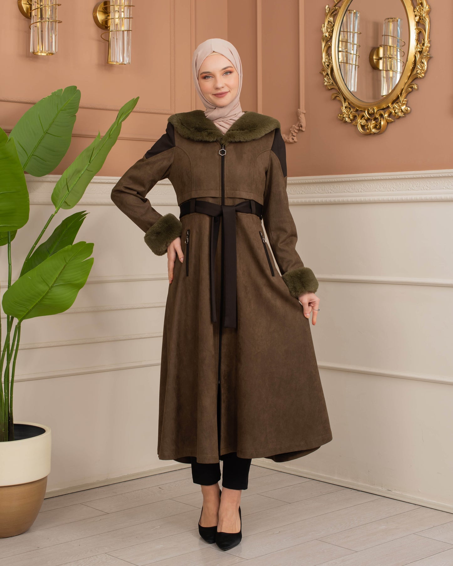Luxus Wildleder-Trenchcoat mit Kaninchenfell gefüttert 1366 - Khaki