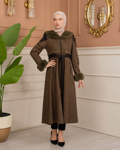 Luxus Wildleder-Trenchcoat mit Kaninchenfell gefüttert 1366 - Khaki