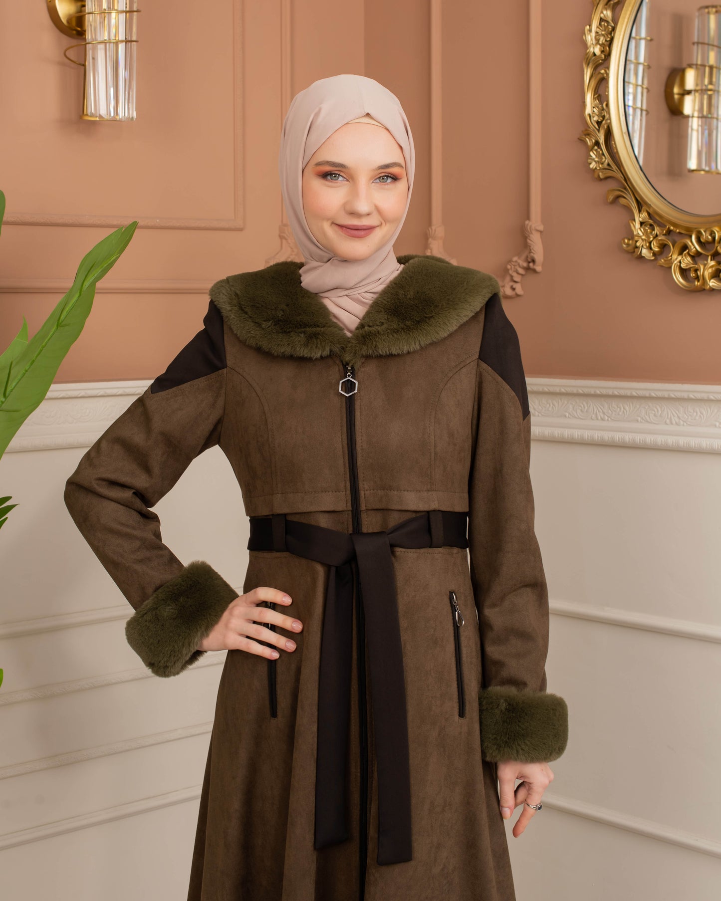 Luxus Wildleder-Trenchcoat mit Kaninchenfell gefüttert 1366 - Khaki