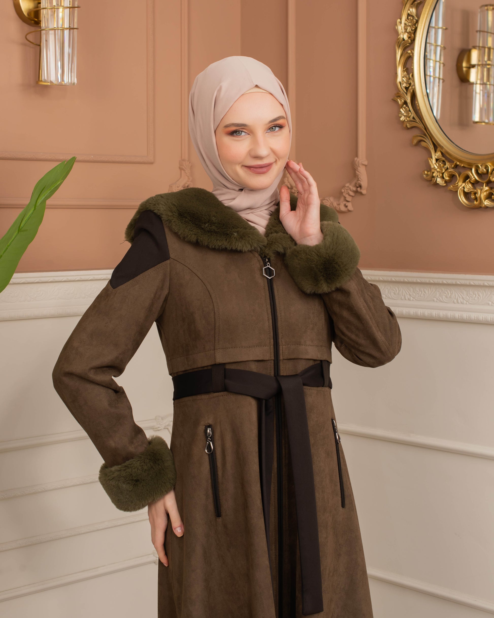 Luxus Wildleder-Trenchcoat mit Kaninchenfell gefüttert 1366 - Khaki