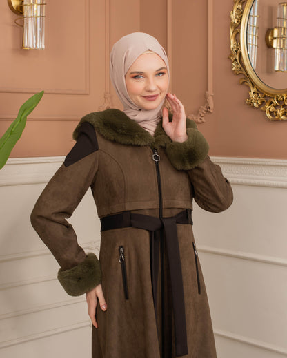 Luxus Wildleder-Trenchcoat mit Kaninchenfell gefüttert 1366 - Khaki
