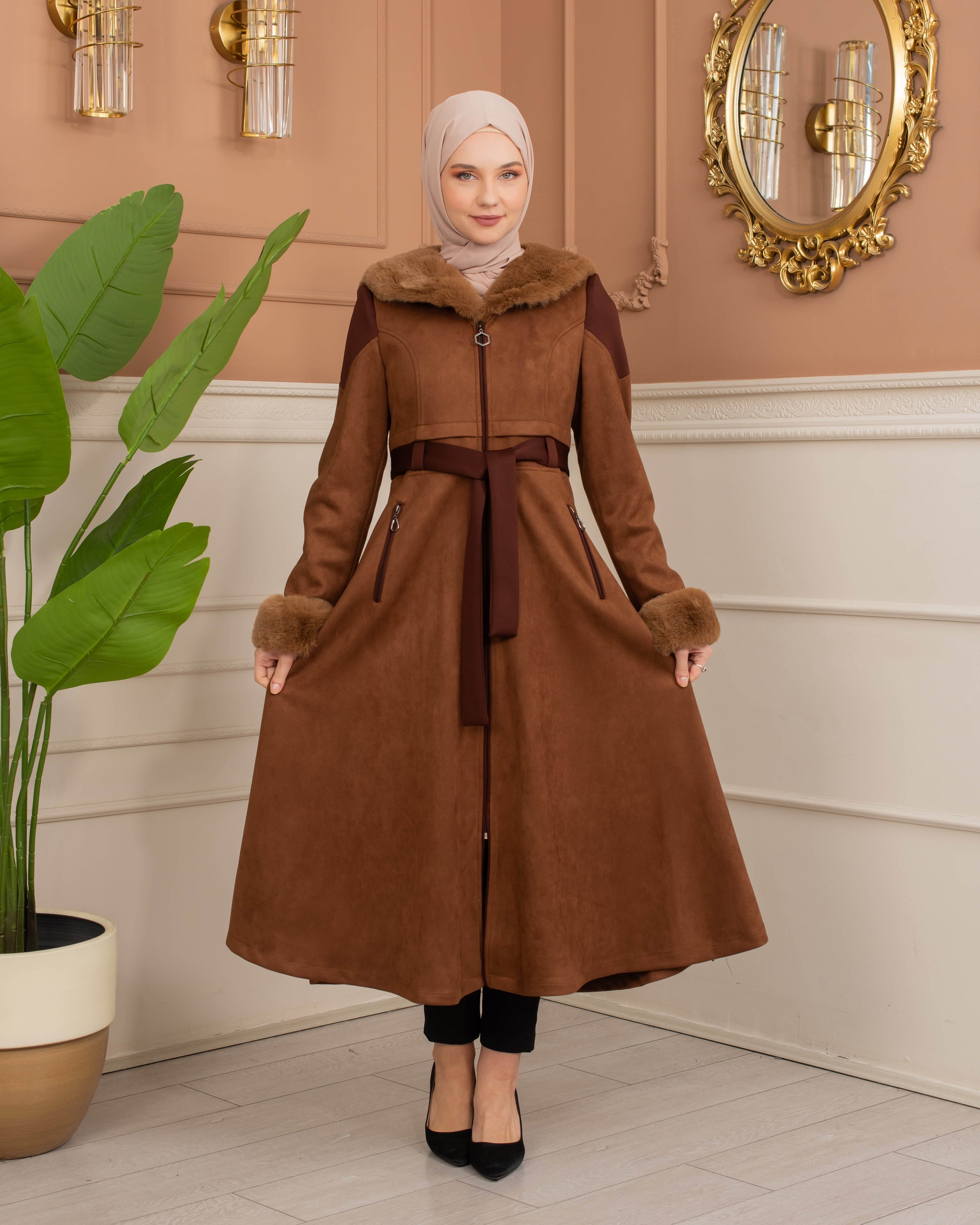 Luxus Wildleder-Trenchcoat mit Kaninchenfell gefüttert 1366 - Cognac