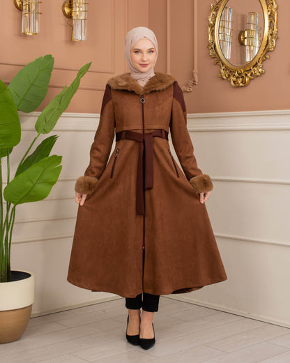 Luxus Wildleder-Trenchcoat mit Kaninchenfell gefüttert 1366 - Cognac