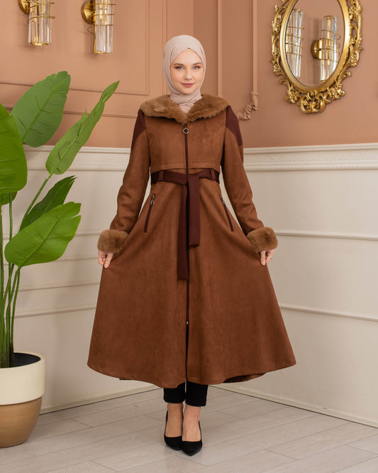 Luxus Wildleder-Trenchcoat mit Kaninchenfell gefüttert 1366 - Cognac