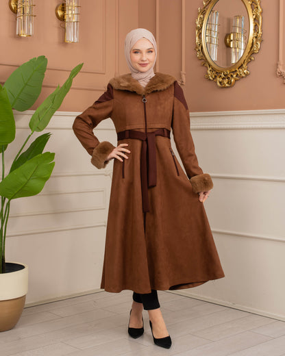 Luxus Wildleder-Trenchcoat mit Kaninchenfell gefüttert 1366 - Cognac