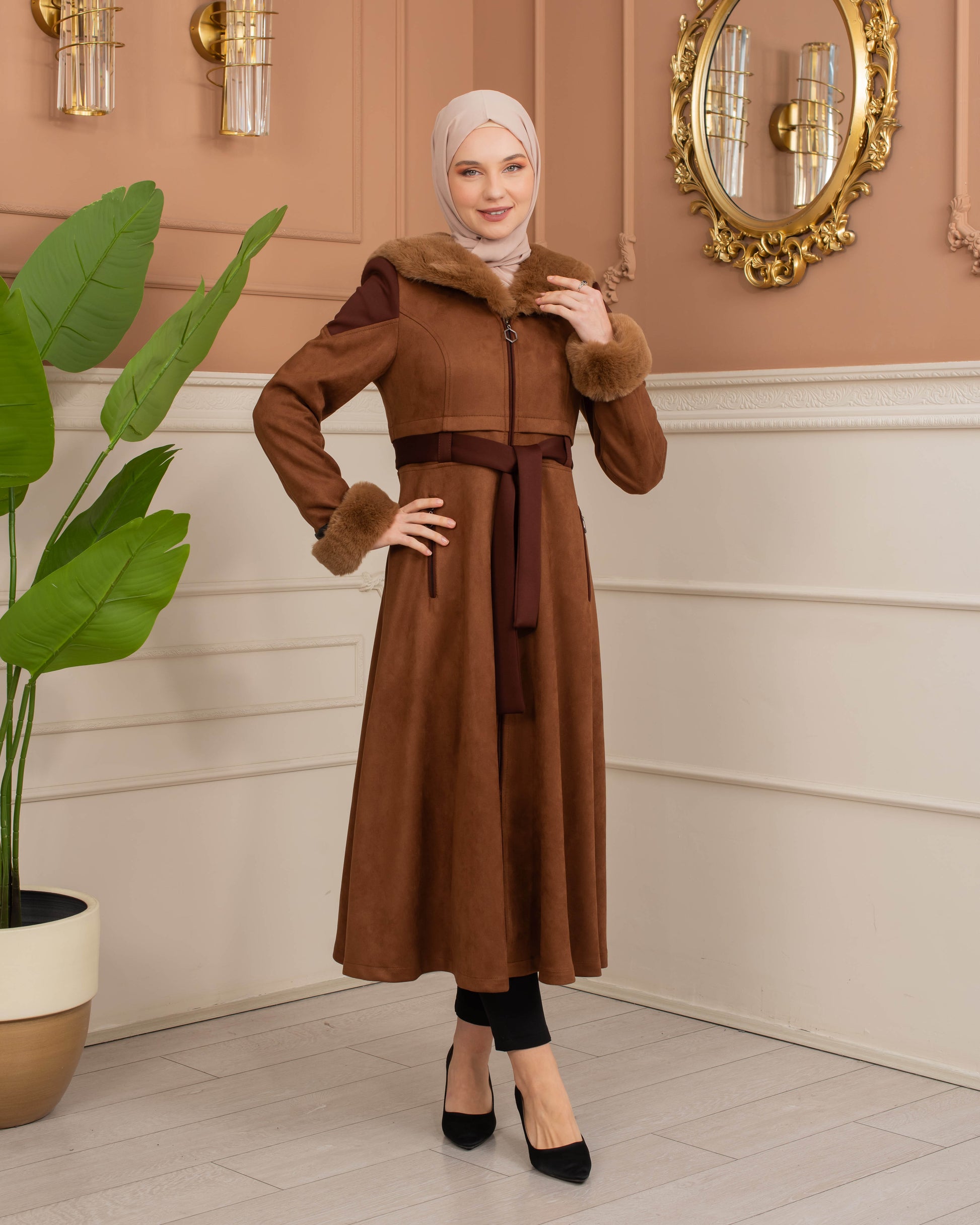 Luxus Wildleder-Trenchcoat mit Kaninchenfell gefüttert 1366 - Cognac