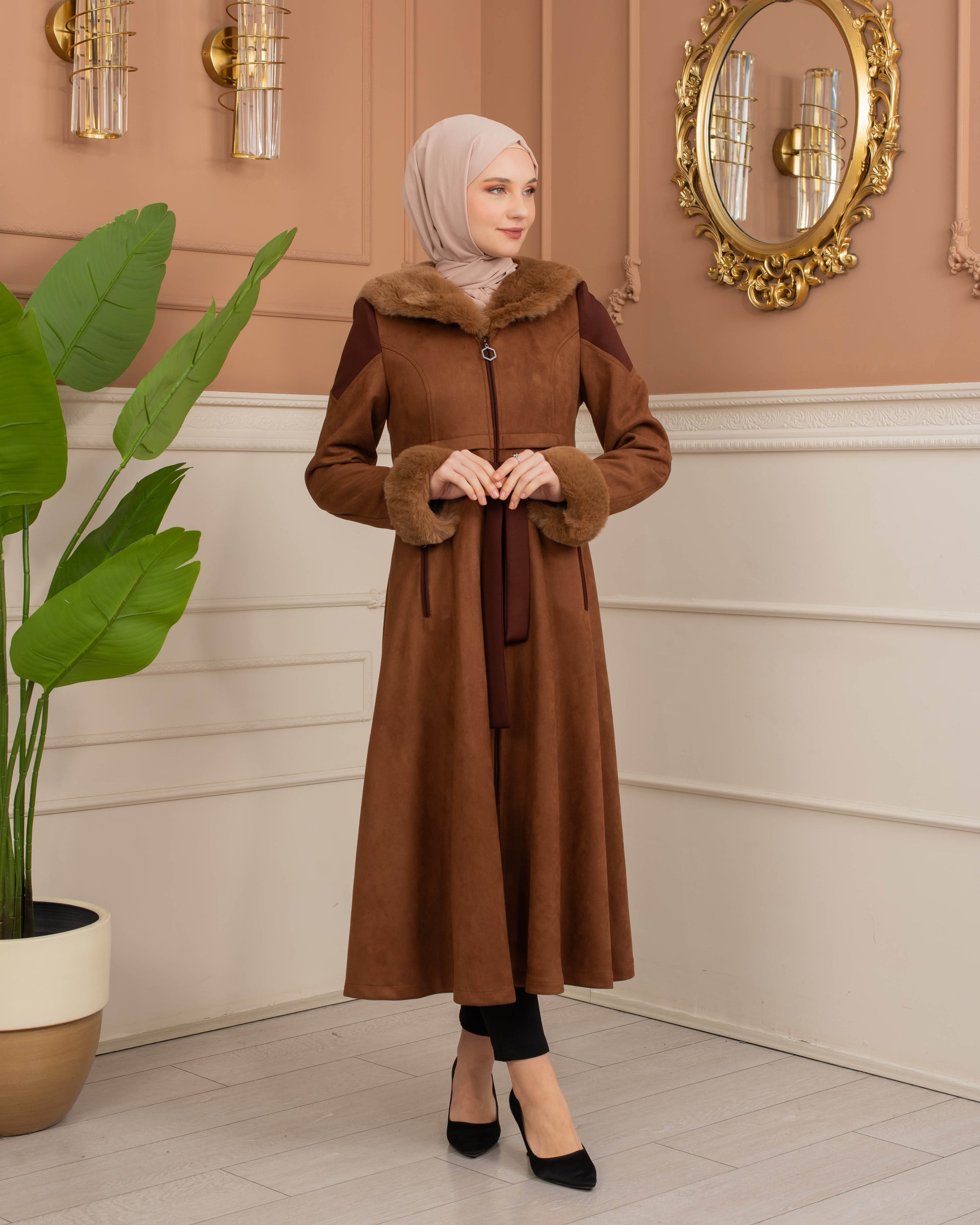 Luxus Wildleder-Trenchcoat mit Kaninchenfell gefüttert 1366 - Cognac