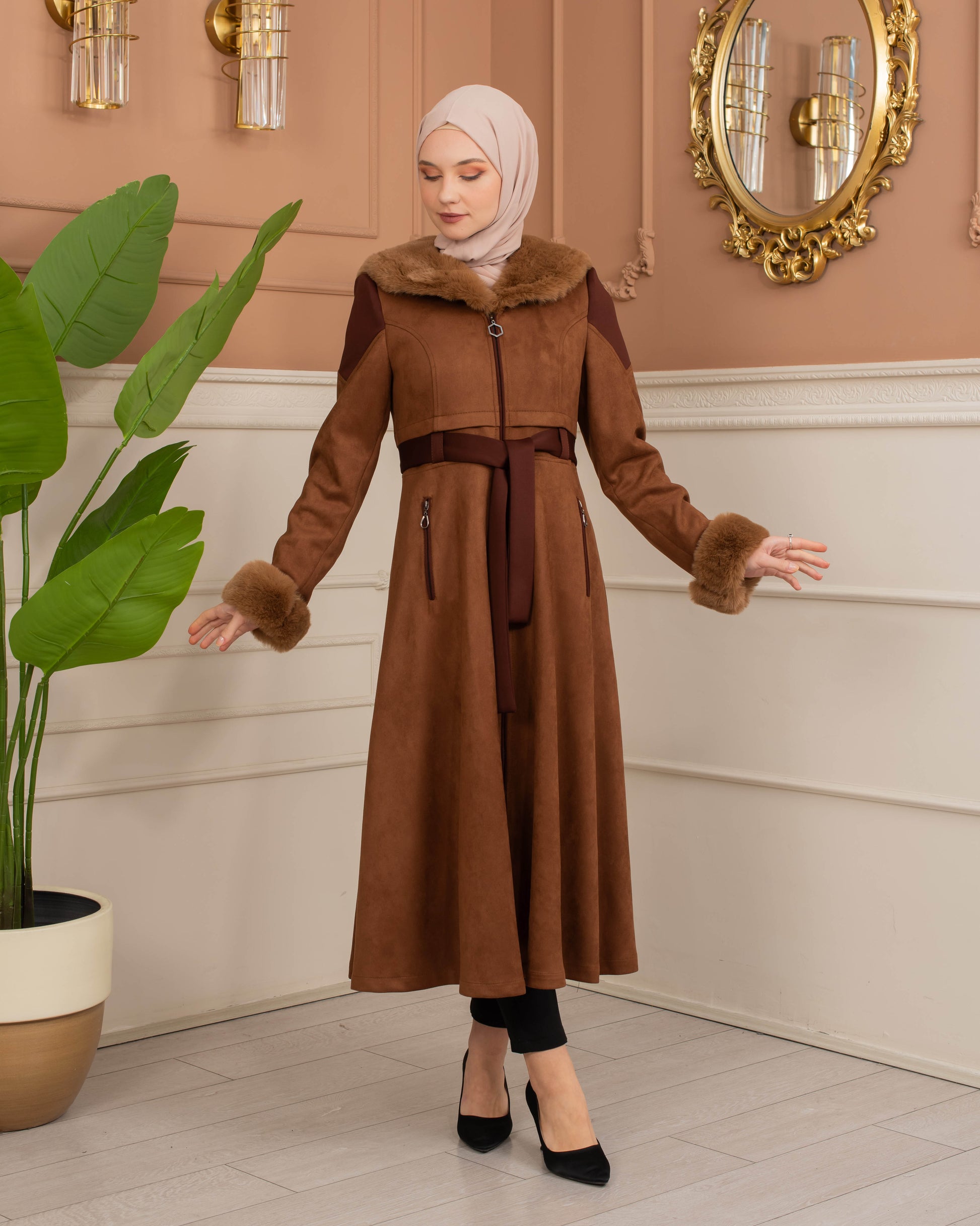Luxus Wildleder-Trenchcoat mit Kaninchenfell gefüttert 1366 - Cognac