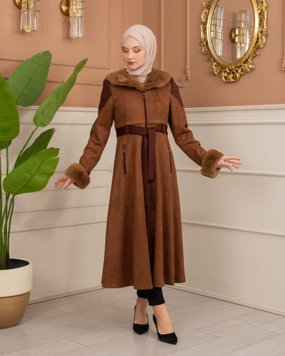 Luxus Wildleder-Trenchcoat mit Kaninchenfell gefüttert 1366 - Cognac