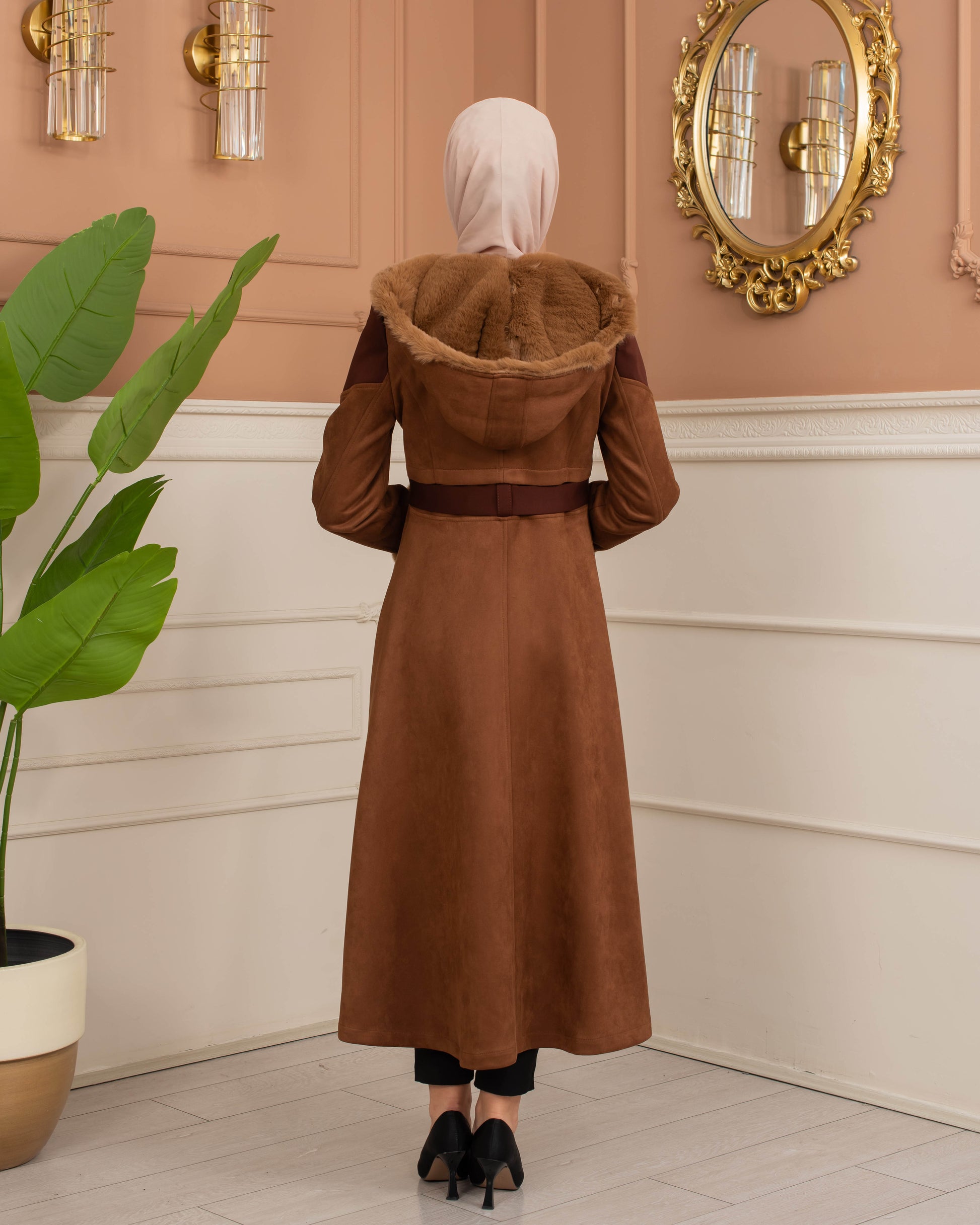 Luxus Wildleder-Trenchcoat mit Kaninchenfell gefüttert 1366 - Cognac