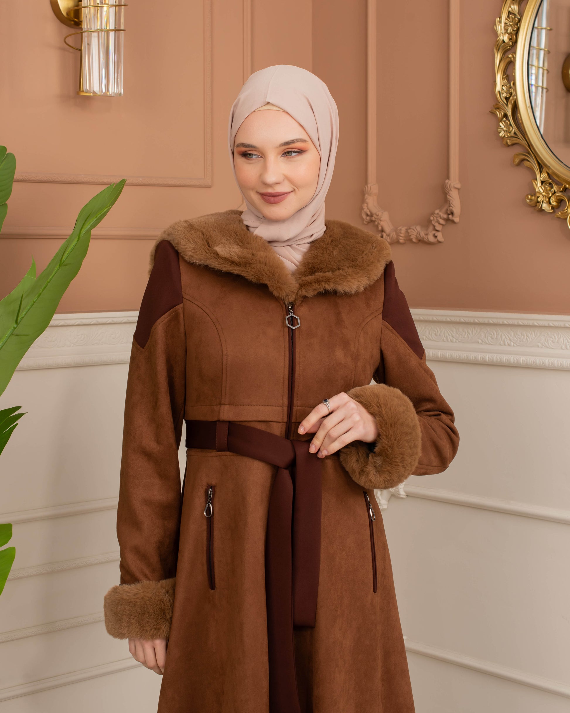 Luxus Wildleder-Trenchcoat mit Kaninchenfell gefüttert 1366 - Cognac