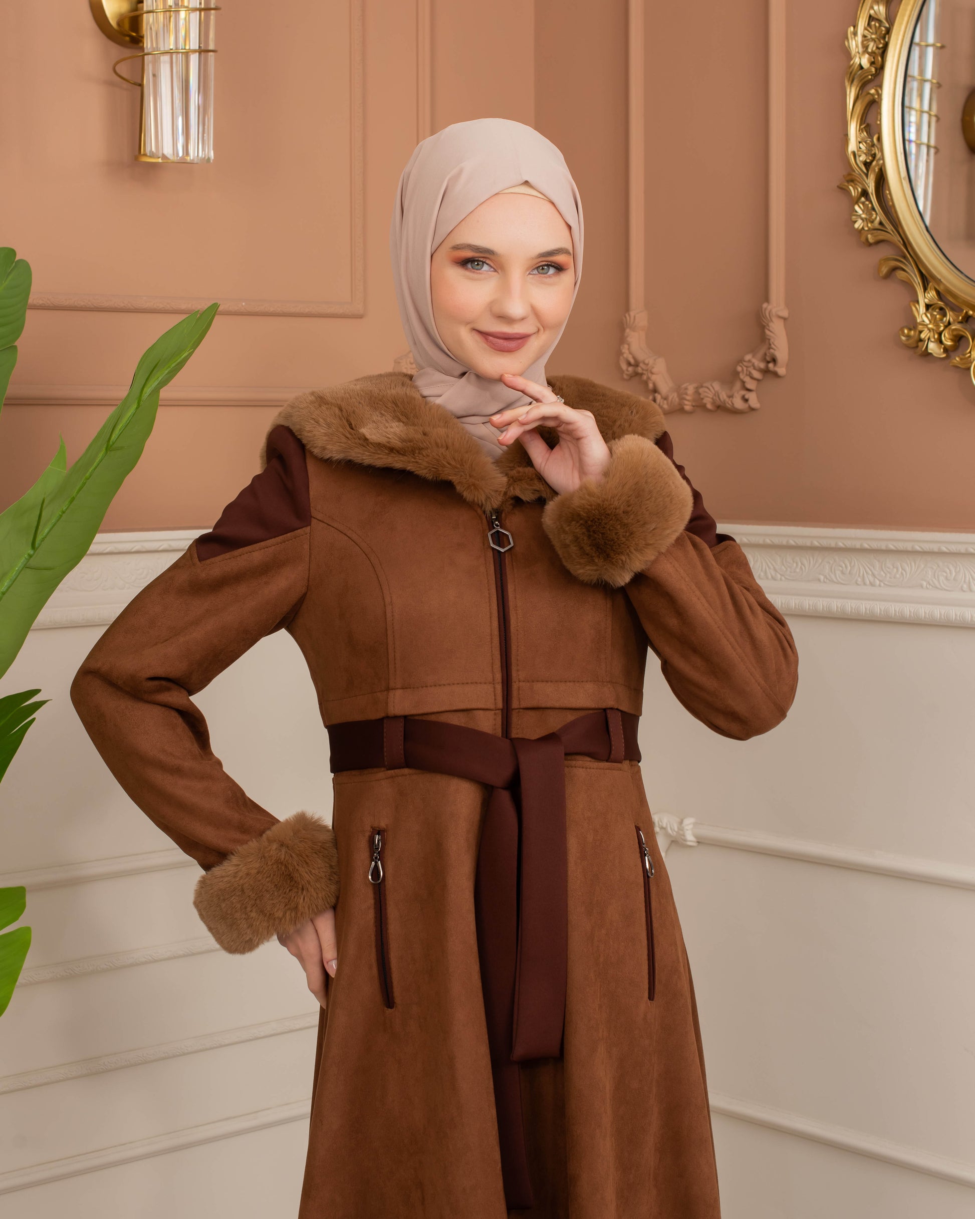 Luxus Wildleder-Trenchcoat mit Kaninchenfell gefüttert 1366 - Cognac