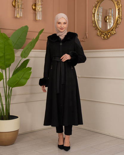 Luxus Wildleder-Trenchcoat mit Kaninchenfell gefüttert 1366 - Schwarz